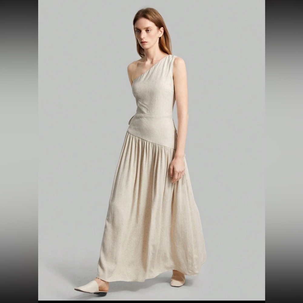 Elegant Khaki Linen One-Shoulder Dress - Picture 6 of 9